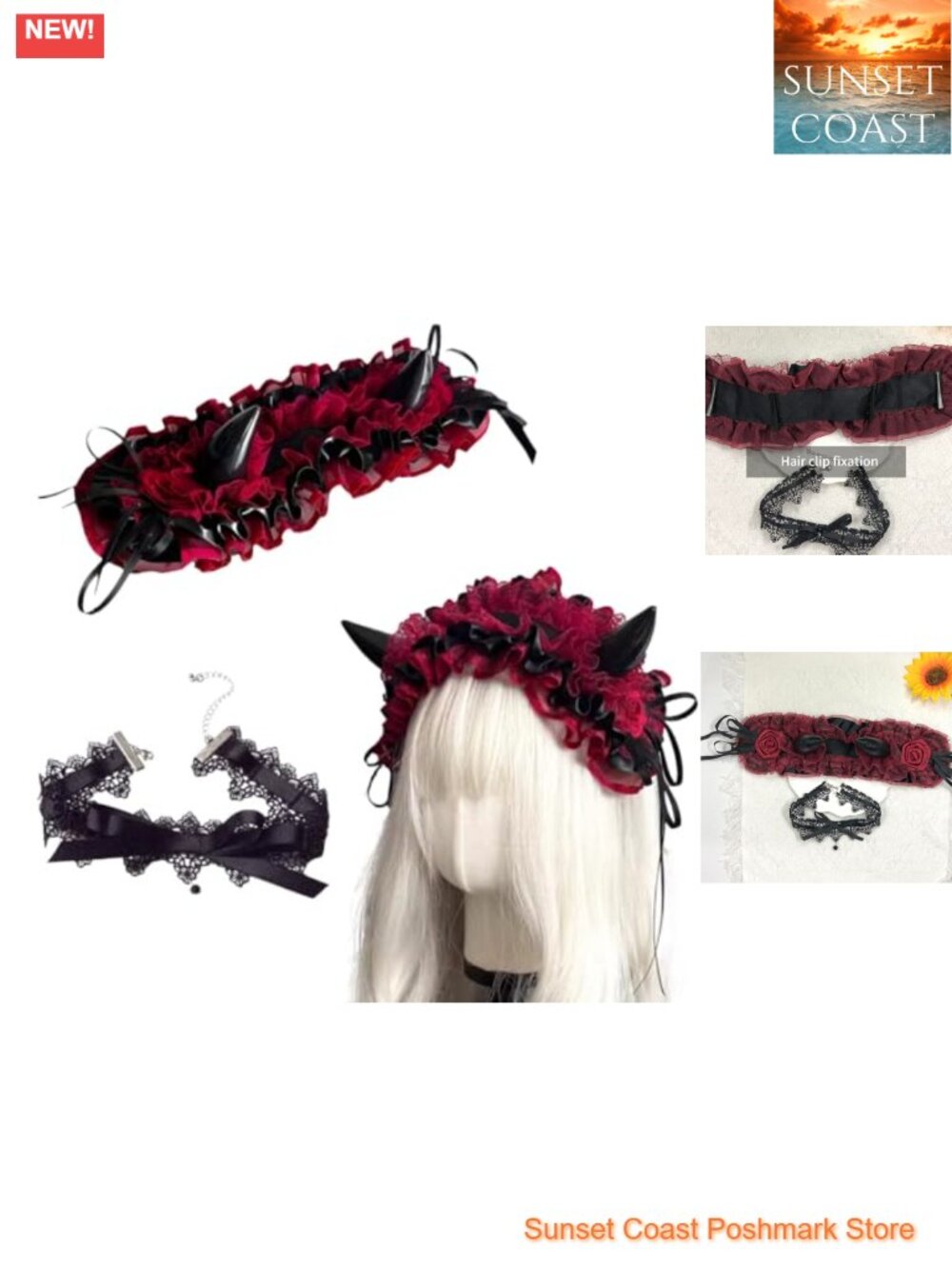 Gothic Lolita Headband Devil Horns Lace Maid Headdress Necklace Set